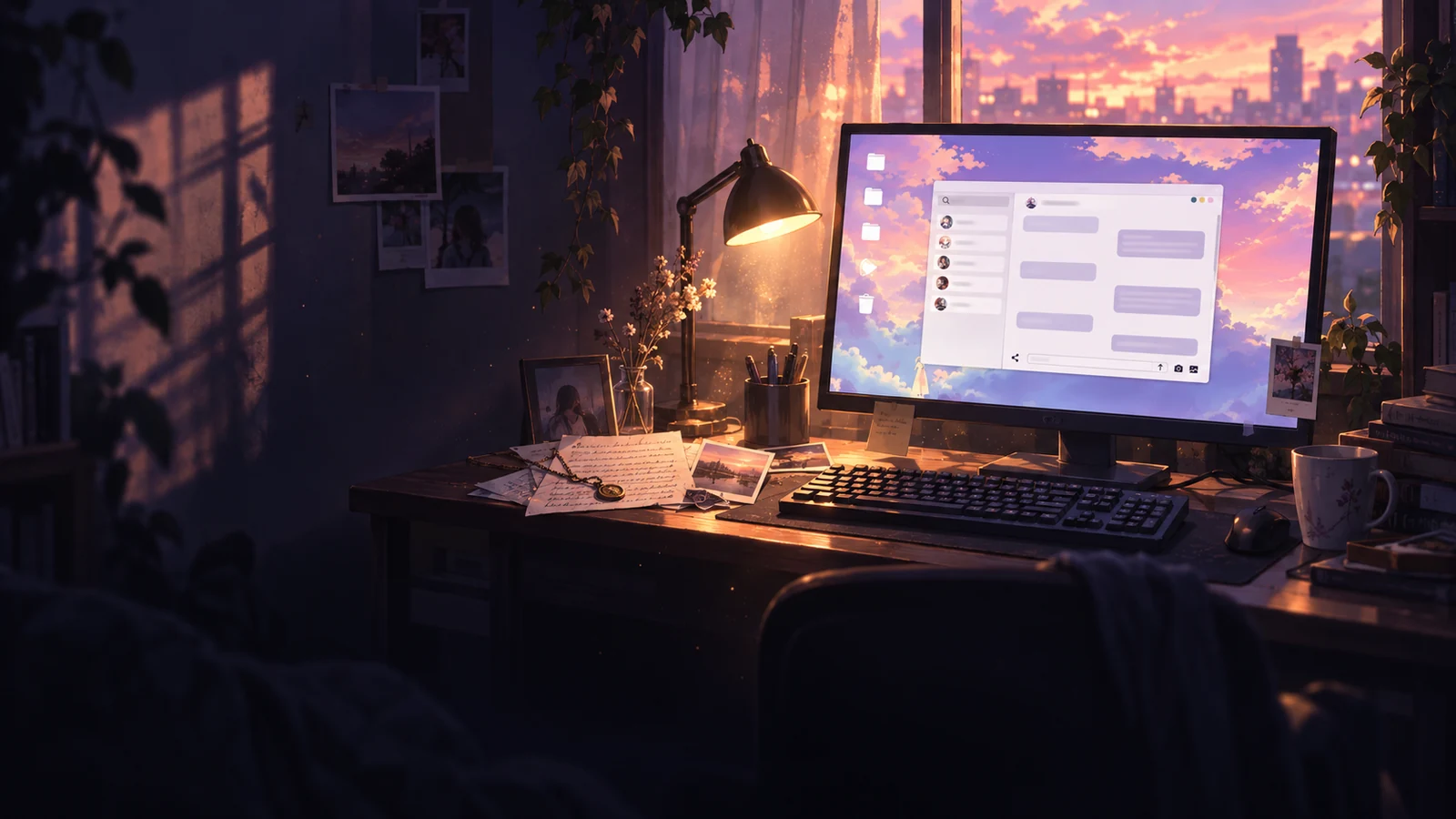 Promotional illustration: a mysterious computer and clues in a lamplit room