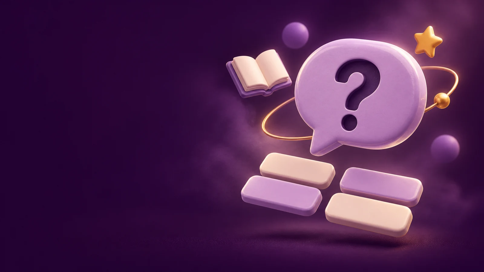 Promotional illustration: a lavender question mark with playful objects of knowledge