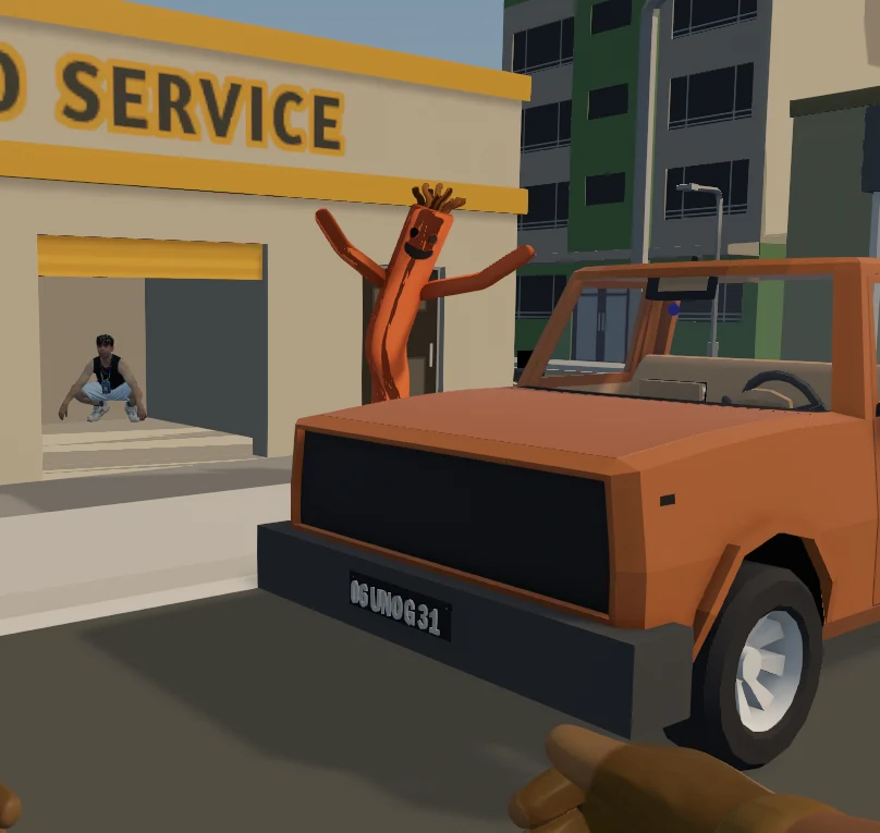 Cargo City’s stylized city, delivery truck, and auto service building