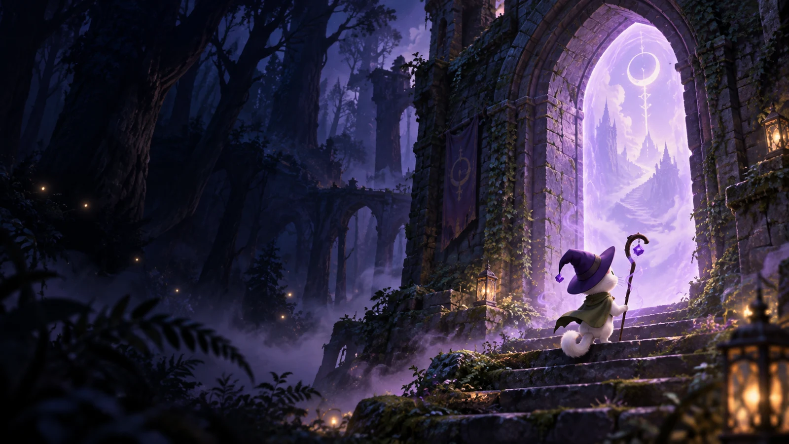 Pykatone’s wizard cat discovering a luminous doorway in an enchanted forest